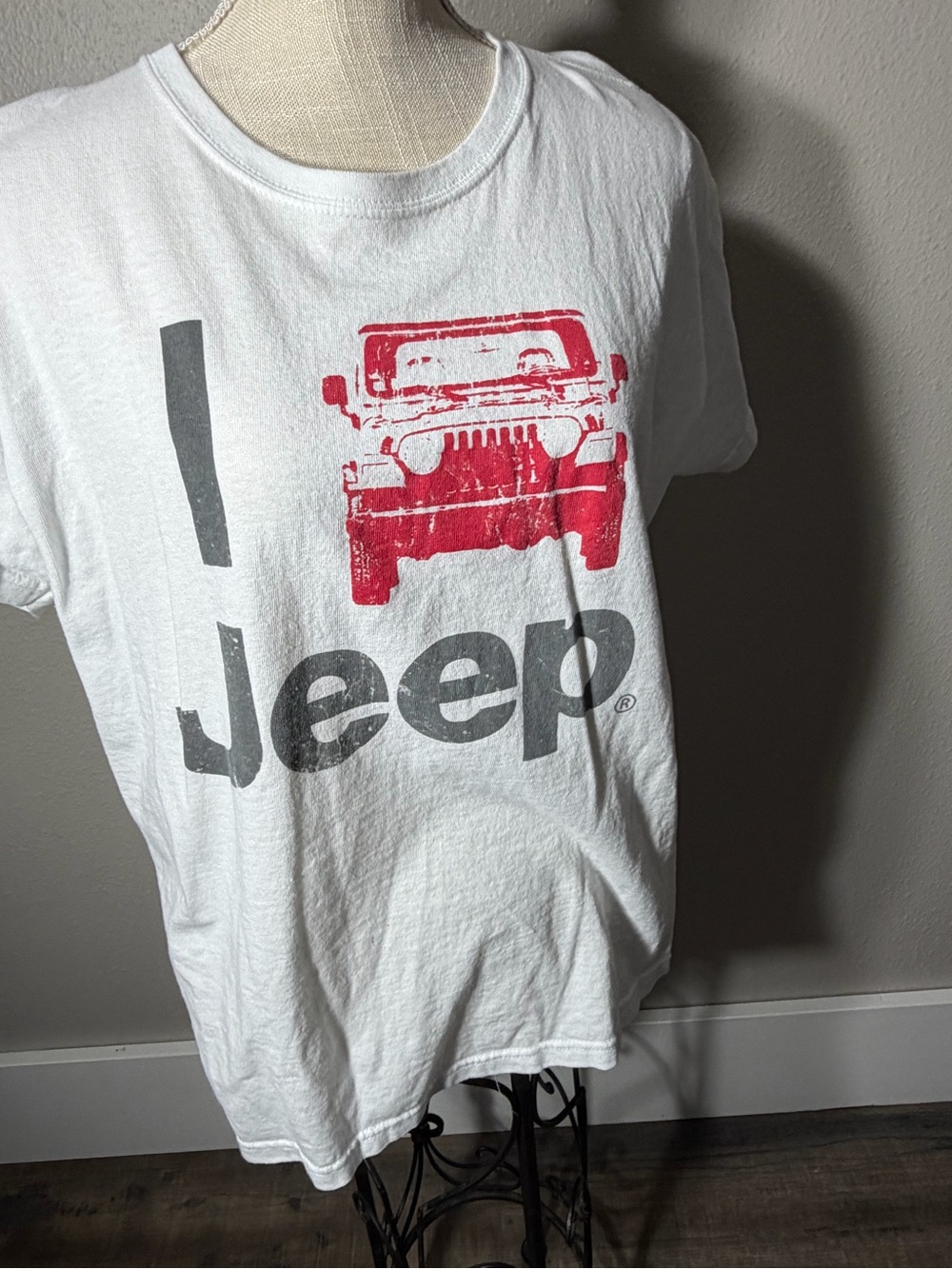 Jeep White Tee with Red Jeep Graphic and Gray Logo